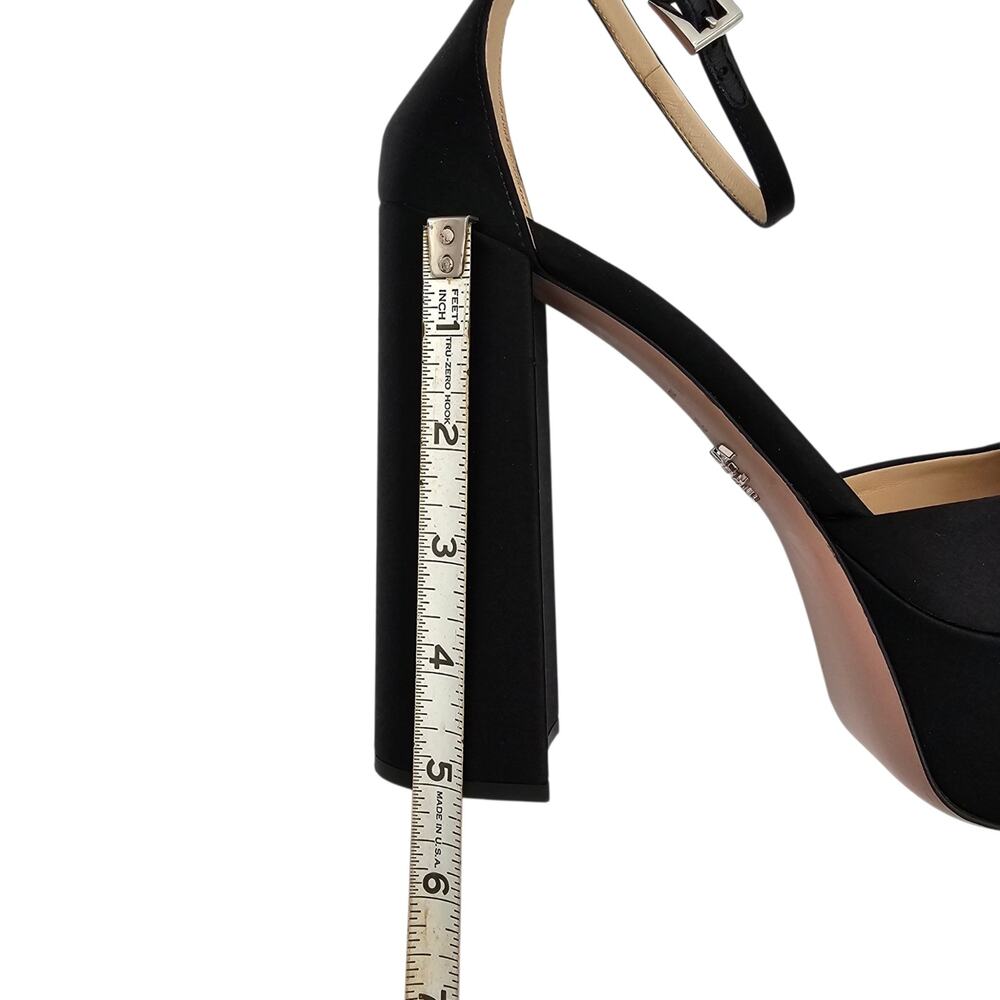 Prada Black Satin Platform Block Heel Pump Logo Ankle Strap Silver Size 39.5 9.5 - Picture 8 of 12